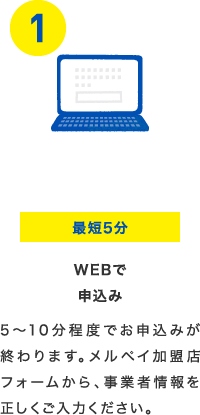 最短5分 webで申込み 5~10分程度でお申込みが終わります。メルペイ加盟店フォームから、事業者情報を正しくご入力ください。