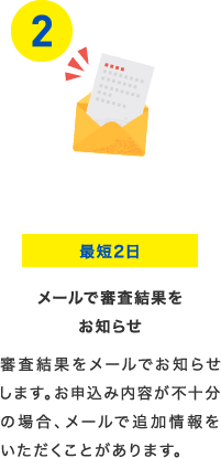 最短2日 メールで審査結果をお知らせ 審査結果をメールでお知らせします。お申込み内容が不十分の場合、メールで追加情報をいただくことがあります。