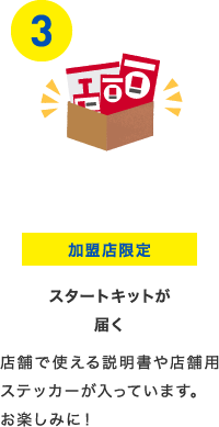 加盟店限定 スタートキットが届く 店舗で使える説明書や店舗用ステッカーが入っています。お楽しみに！